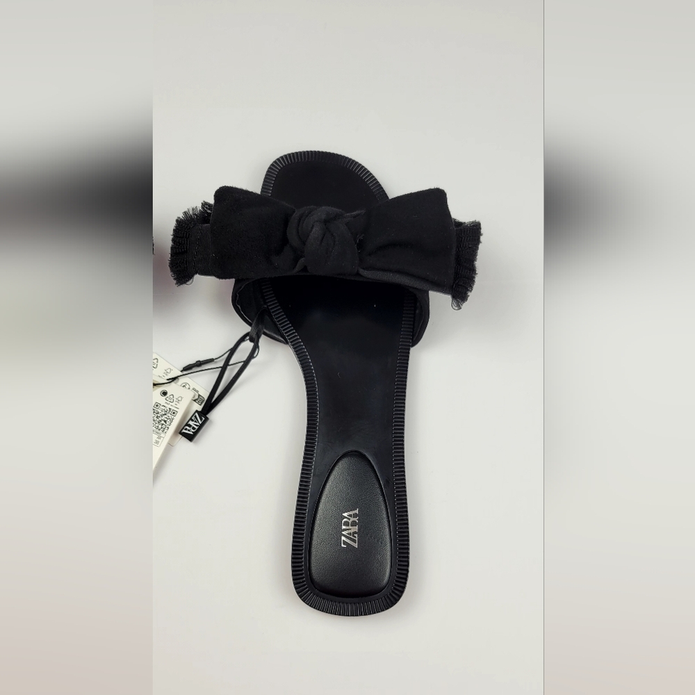 Zara Black Bow Slide Sandals Size 38 NEW With Tags Leather Airfit - Picture 3 of 10